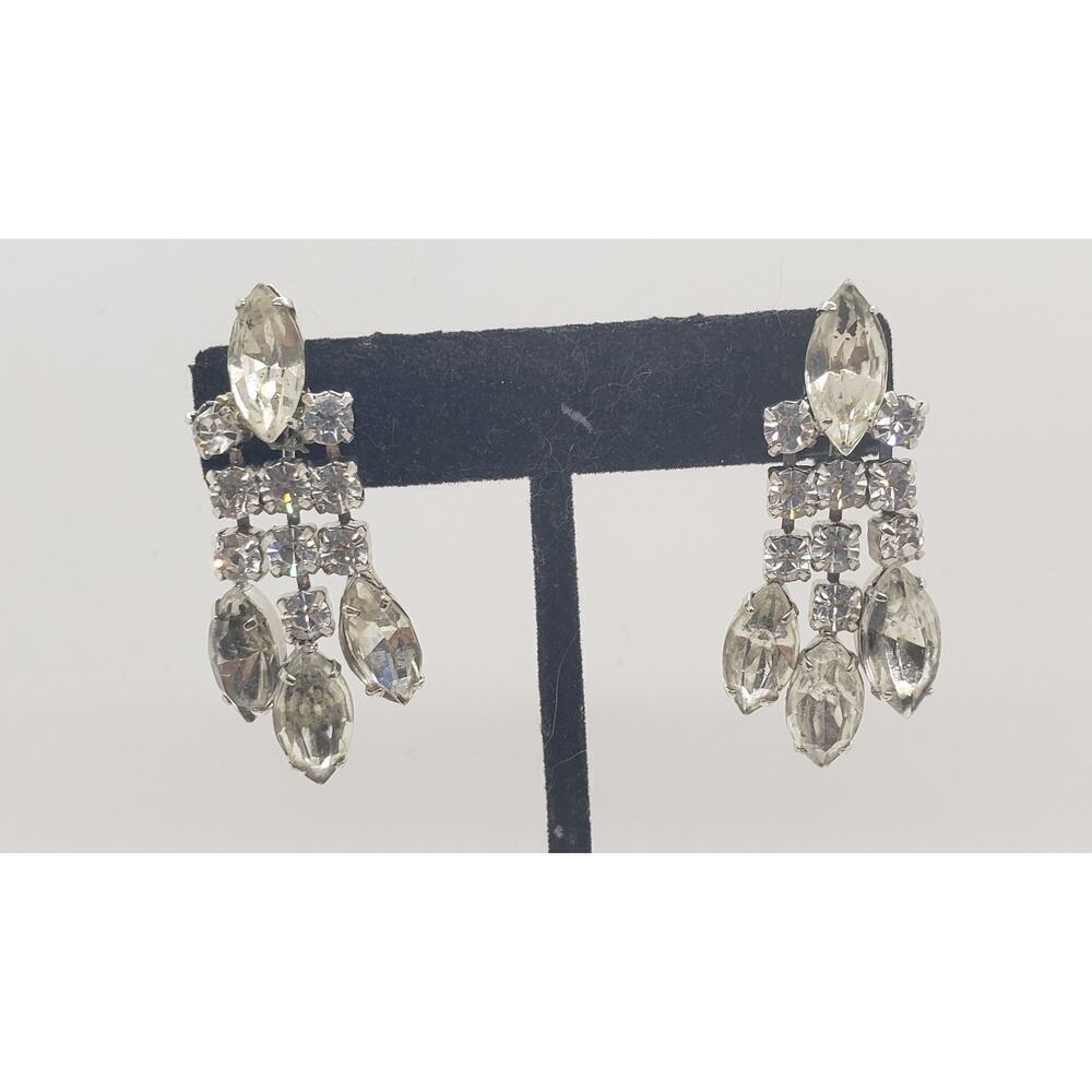 Vintage Rhinestone Earrings Big Dangle Earrings Screw Back Art Deco 1950s